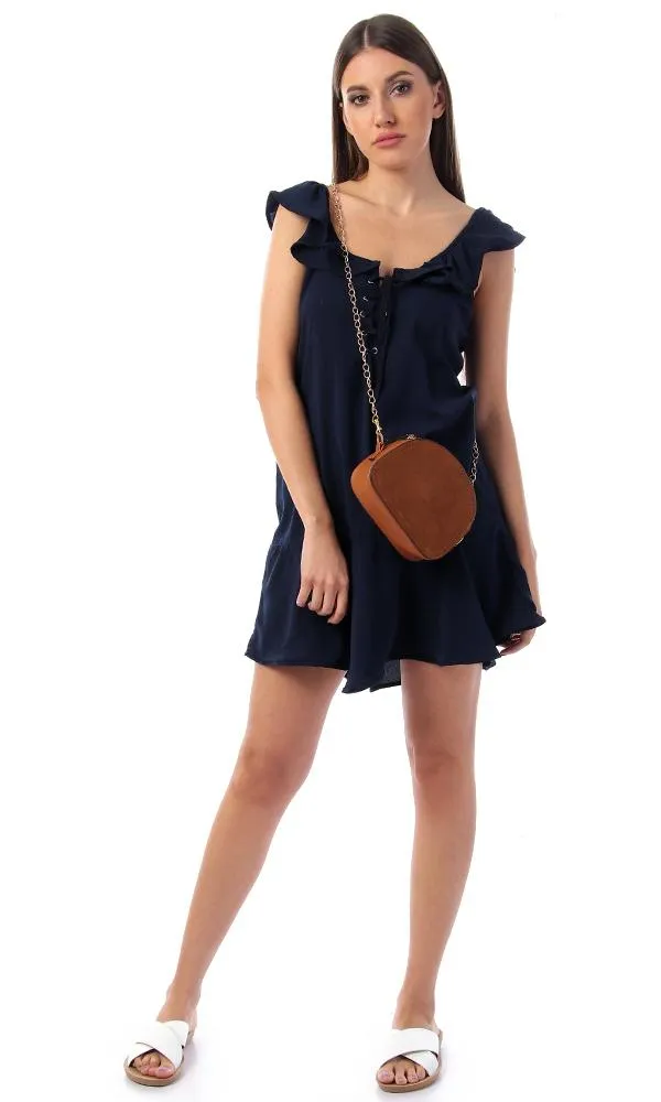 57140 Ruffled Tie-Front Navy Blue Dress