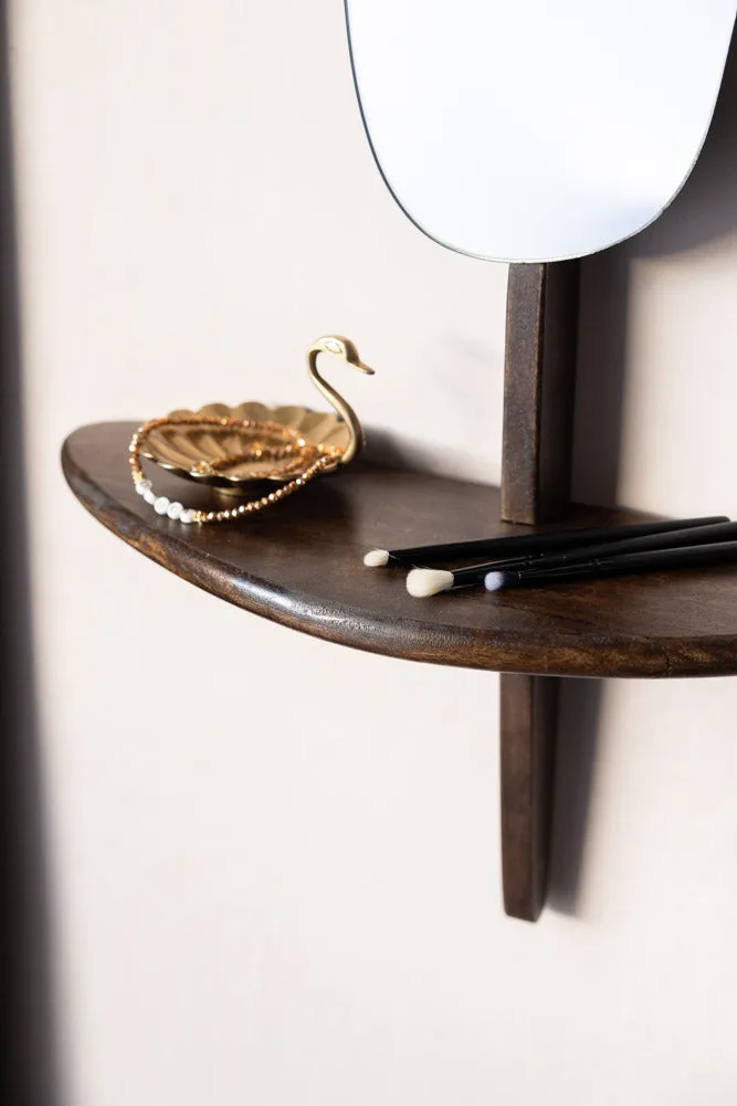 Abstract Walnut Wall Mirror With Shelf