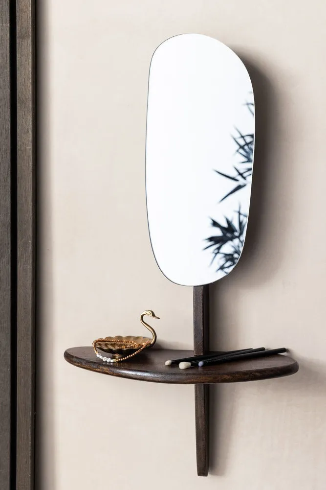 Abstract Walnut Wall Mirror With Shelf