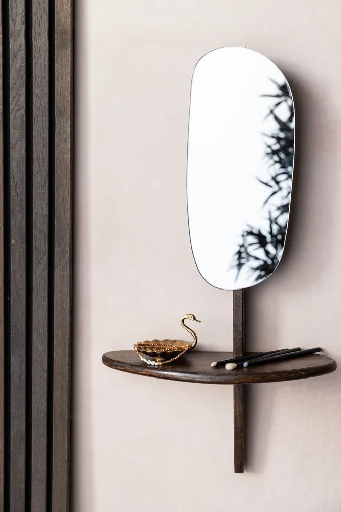 Abstract Walnut Wall Mirror With Shelf