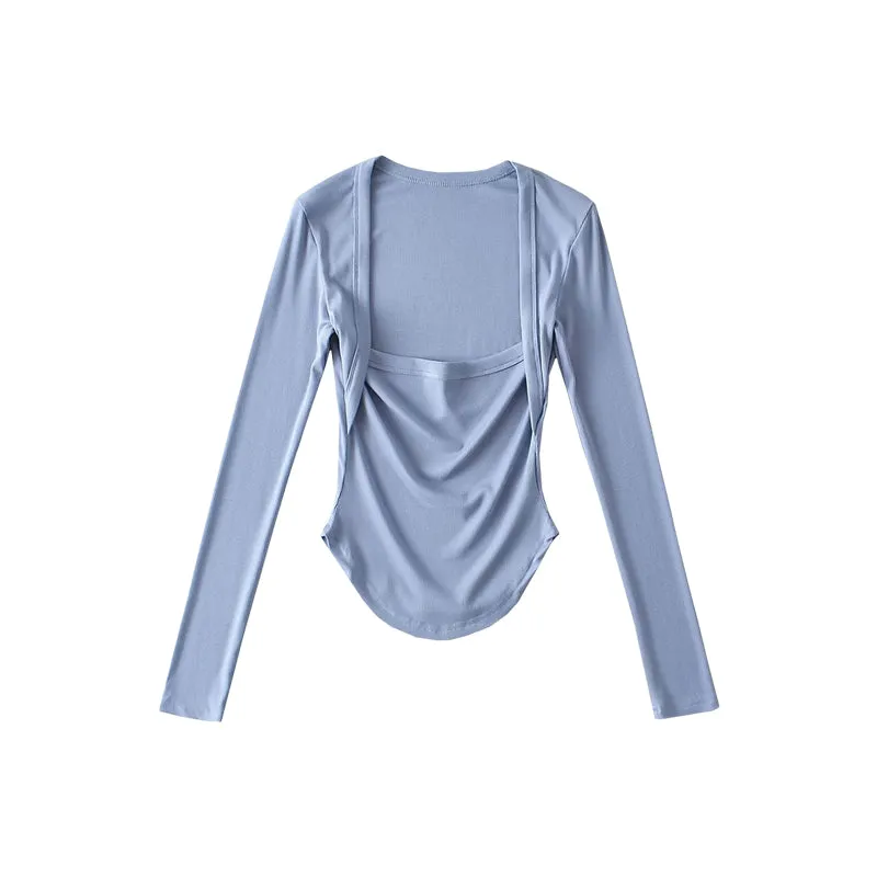 Angela Solid Color Square Neck Long Sleeve Slim Top