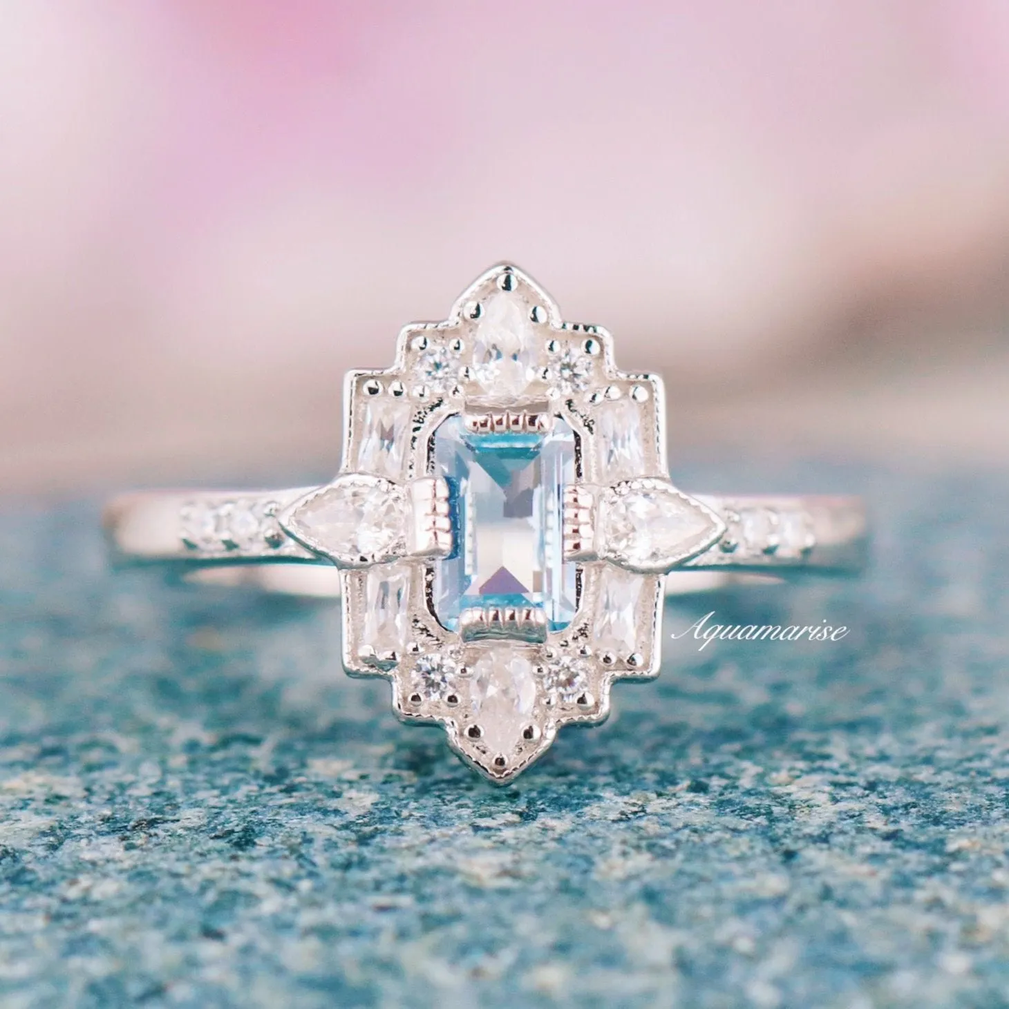 Art Deco Ice Blue Mosaic Aquamarine Ring- 925 Sterling Silver