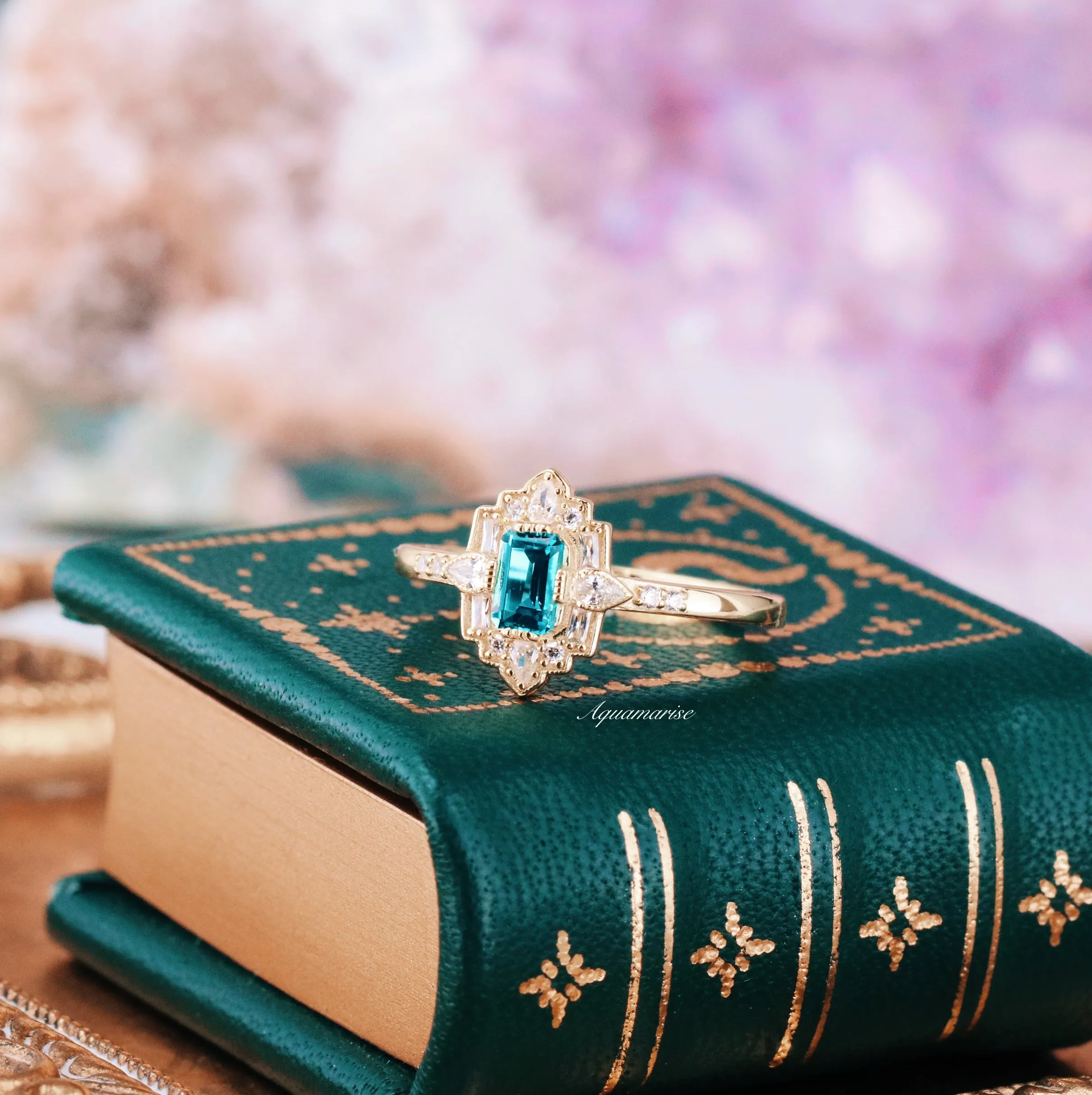 Art Deco London Blue Topaz Ring- 14K Yellow Gold Vermeil