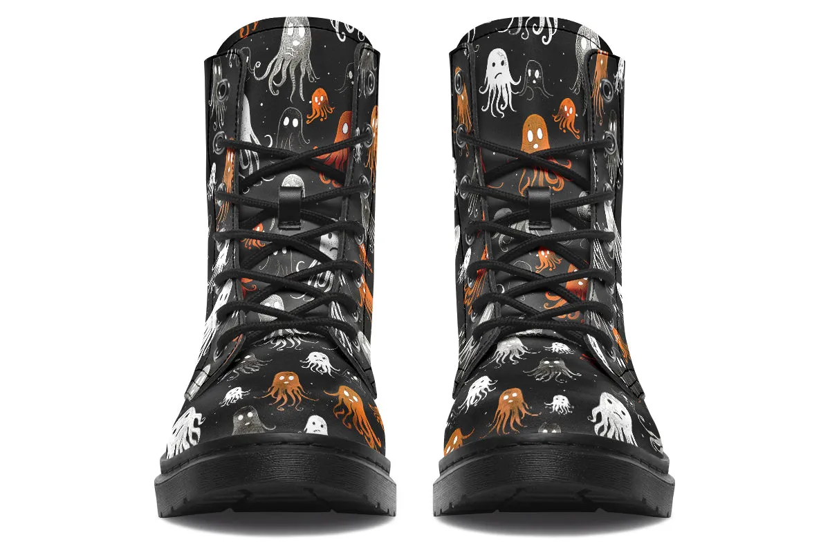 Black Deep Haunting Boots - Vegan Leather Doc-Style Boots with Durable Stitched on Soles