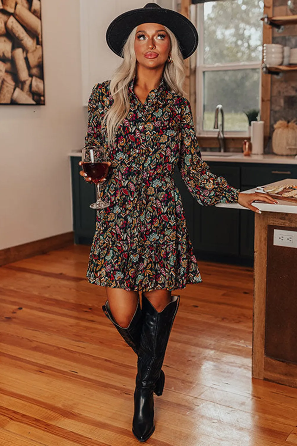 Black Retro Floral Tie Waist Short Ruffle Shirt Dress