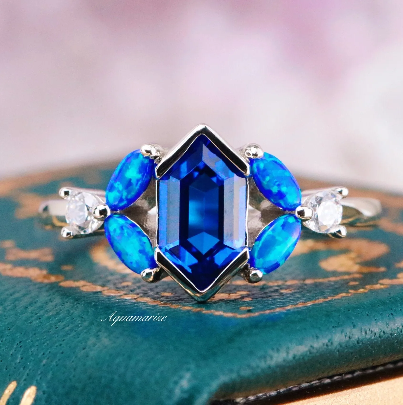 Blue Fire Opal & Sapphire Engagement Ring- Sterling Silver