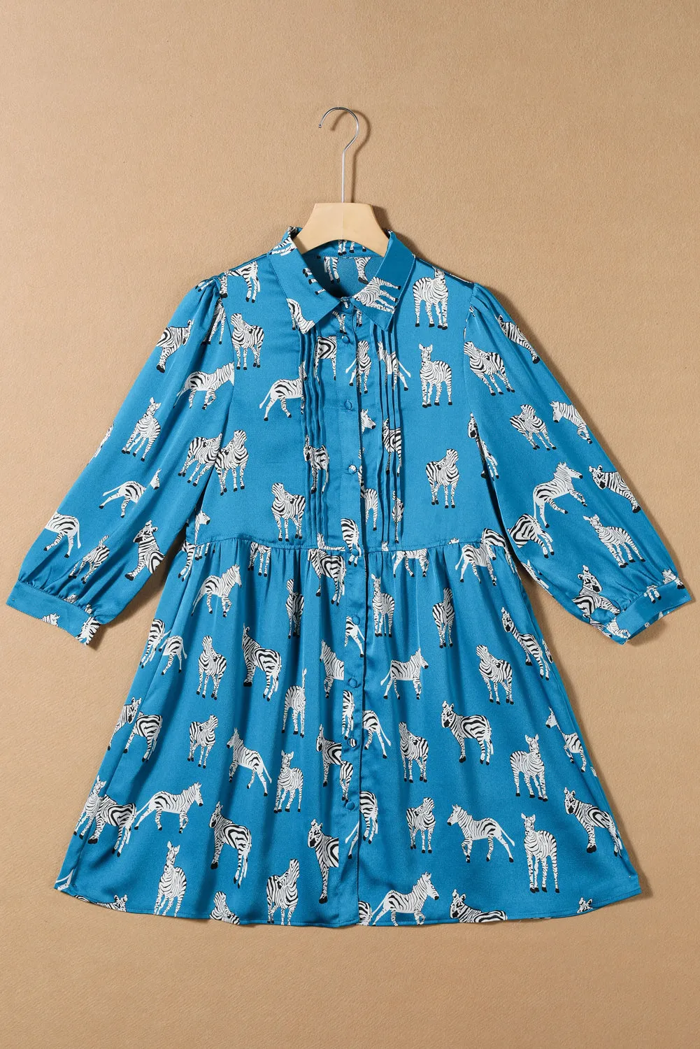 Blue Printed Zebra Pattern Pleated Shirt Tunic Dress