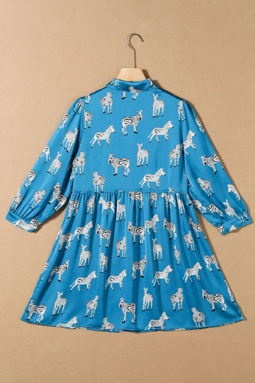 Blue Printed Zebra Pattern Pleated Shirt Tunic Dress