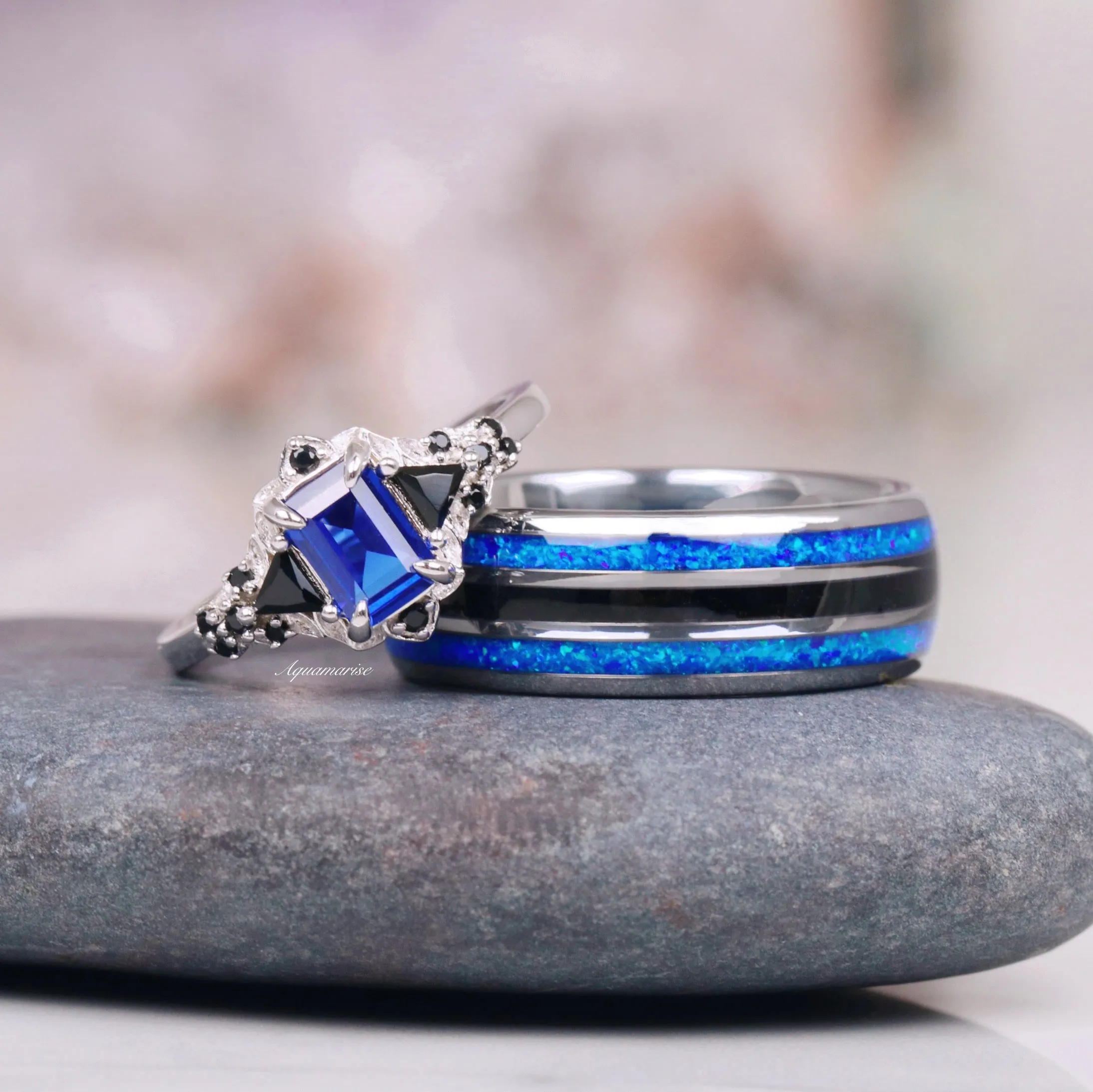 Blue Sapphire & Black Onyx Leaf Engagement Ring- 925 Sterling Silver