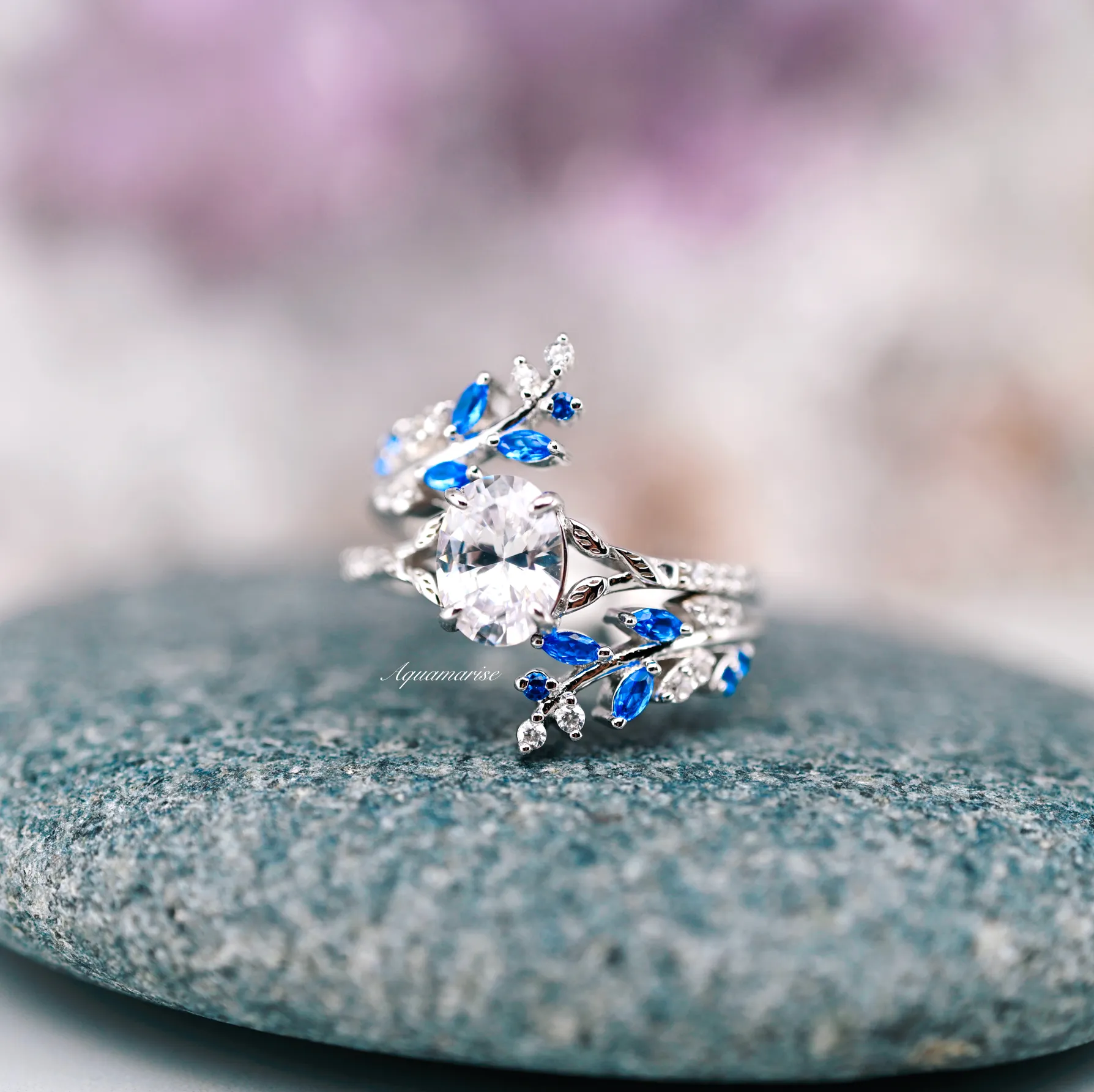 Blue Sapphire & Diamond (cz) Engagement Leaf Ring Set- 925 Sterling Silver