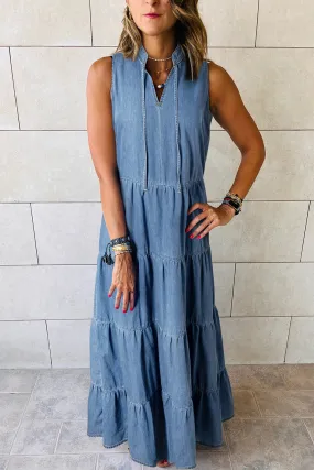 Blue Sleeveless Tiered Chambray Maxi Dress