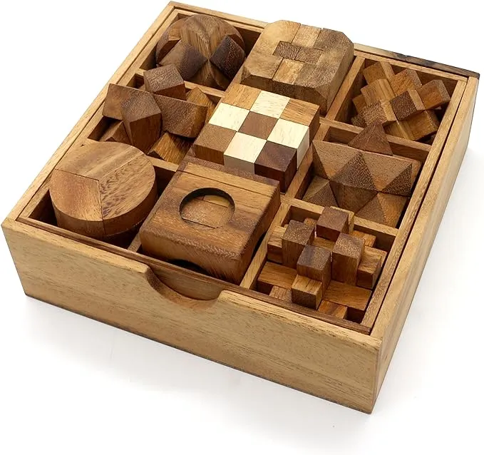 Brain teaser wood puzzle gift box - 9 hand made mechanical puzzle set, Father’s Day, birthdays gift, anniversaries gift, graduations gift in a Deluxe Gift Box V2