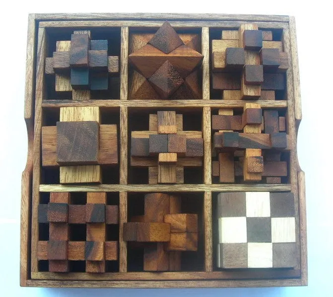 Brain teaser wood puzzle gift box - 9 hand made mechanical puzzle set, Father’s Day, birthdays gift, anniversaries gift, graduations gift in a Deluxe Gift Box V2