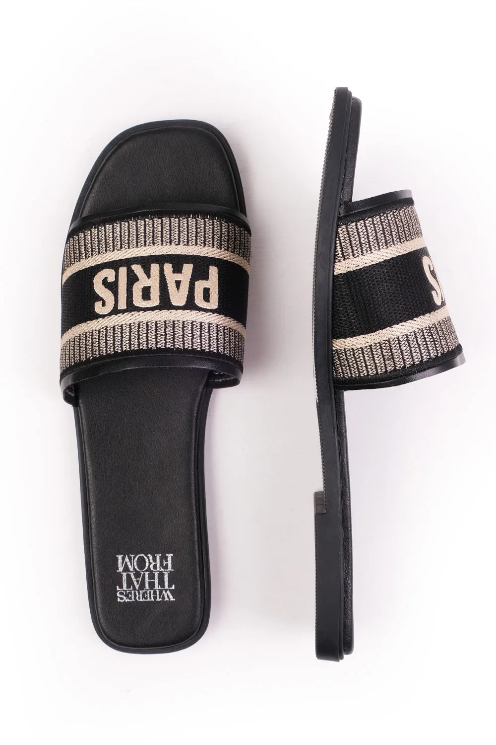 CANDOUR TEXTILE STRAP SLIP ON SANDALS IN BLACK FAUX LEATHER