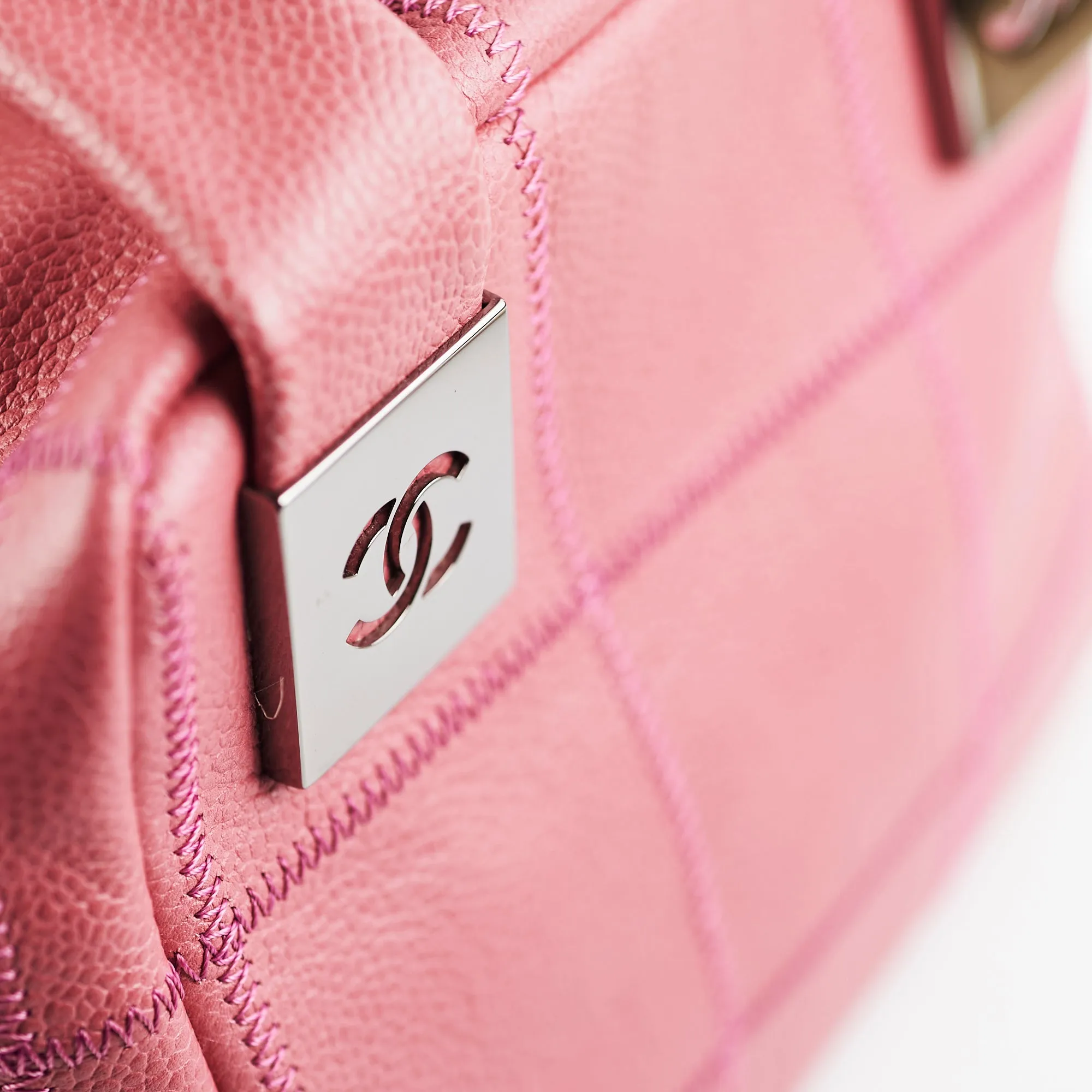 Chanel Caviar Square Stitch Bowler Bag Pink