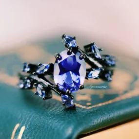 Cornflower Blue Sapphire Leaf Engagement Ring- Black Rhodium Filled