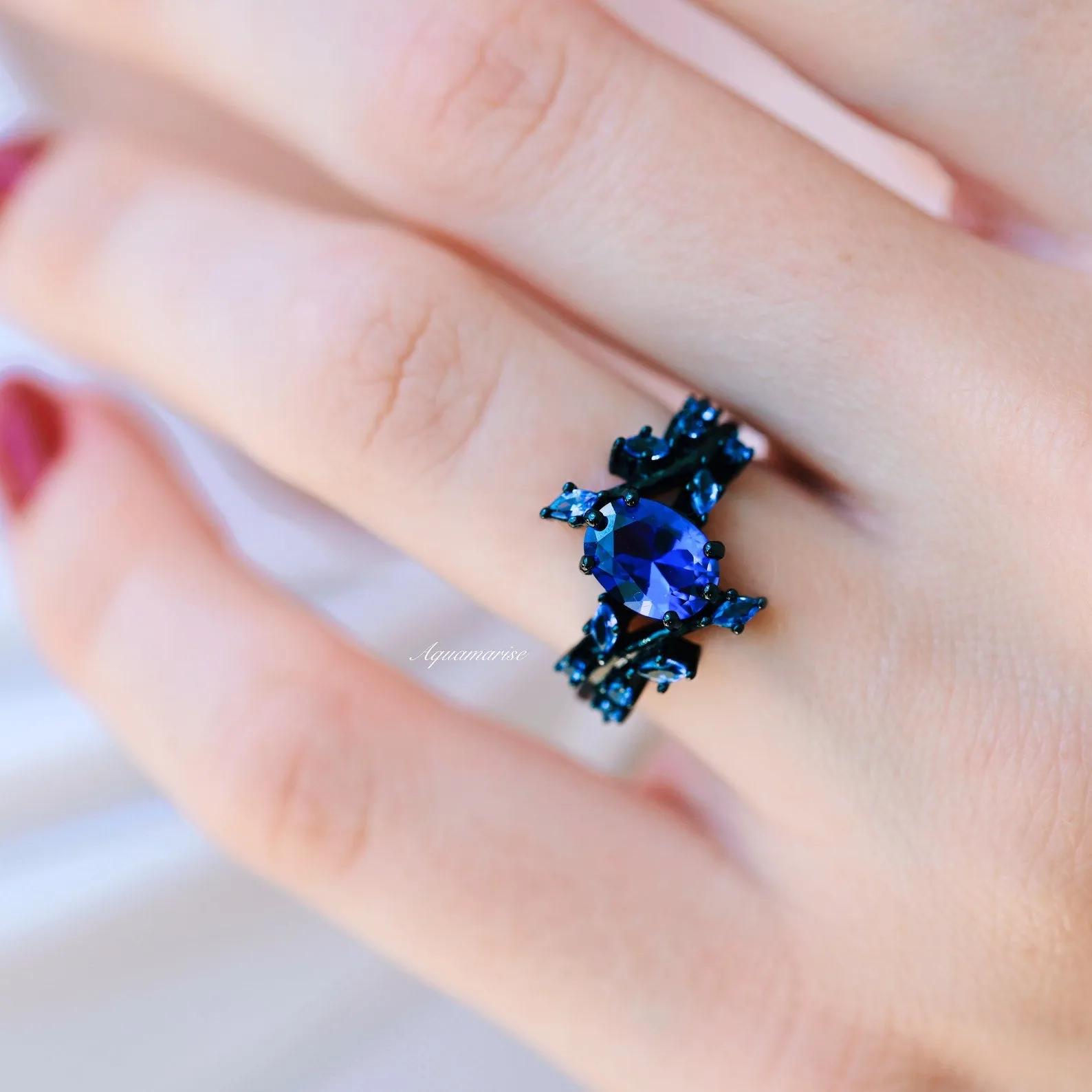 Cornflower Blue Sapphire Leaf Engagement Ring- Black Rhodium Filled