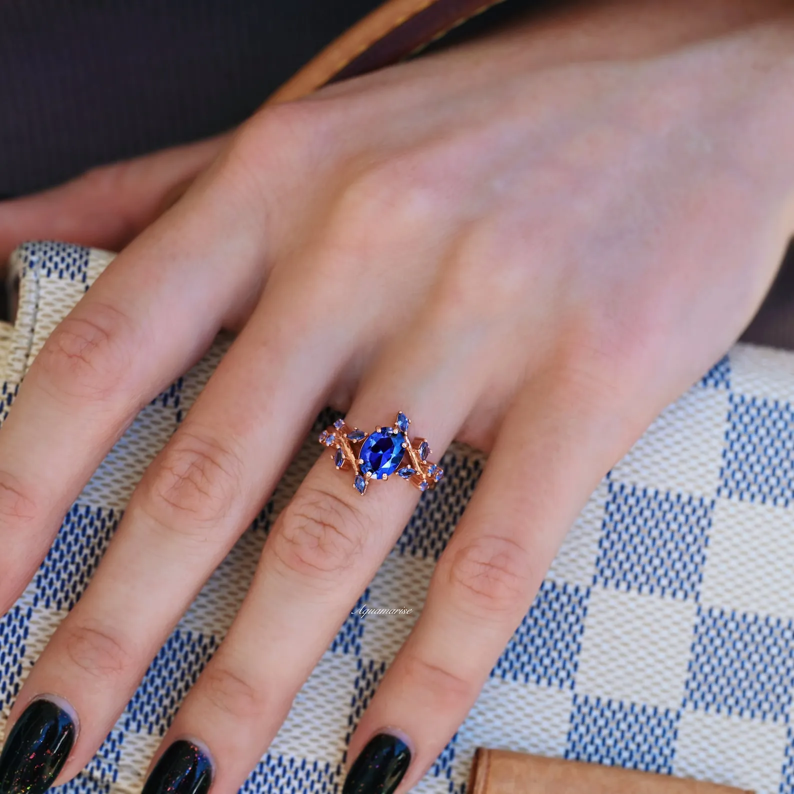 Cornflower Blue Sapphire Leaf Ring- 14K Rose Gold Vermeil