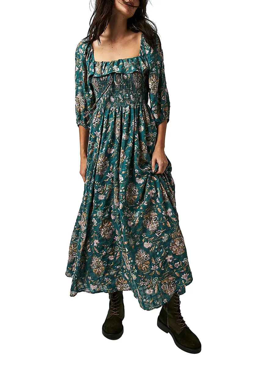 DressBetty - 2024 Square Neck A-Line Swing Fall Flowy Flower Tiered Boho Long Dress