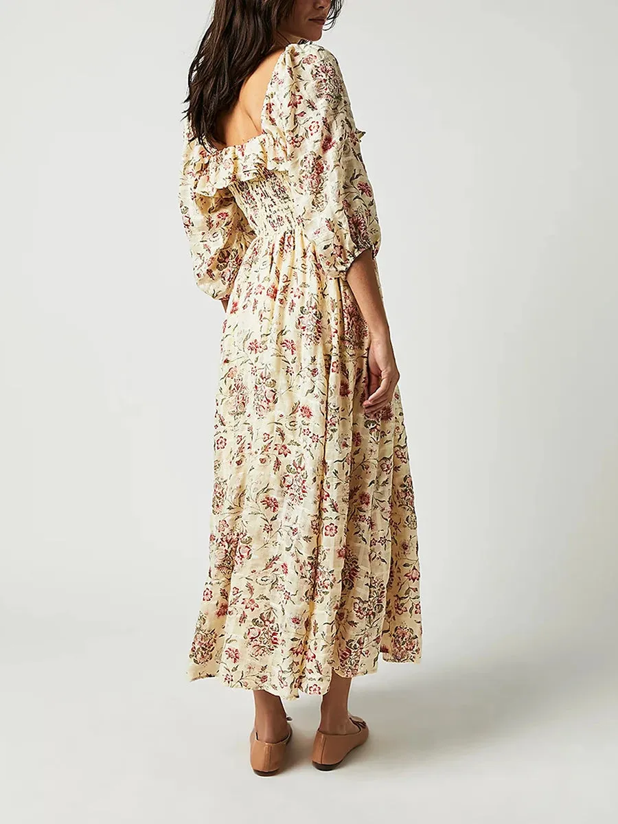 DressBetty - 2024 Square Neck A-Line Swing Fall Flowy Flower Tiered Boho Long Dress