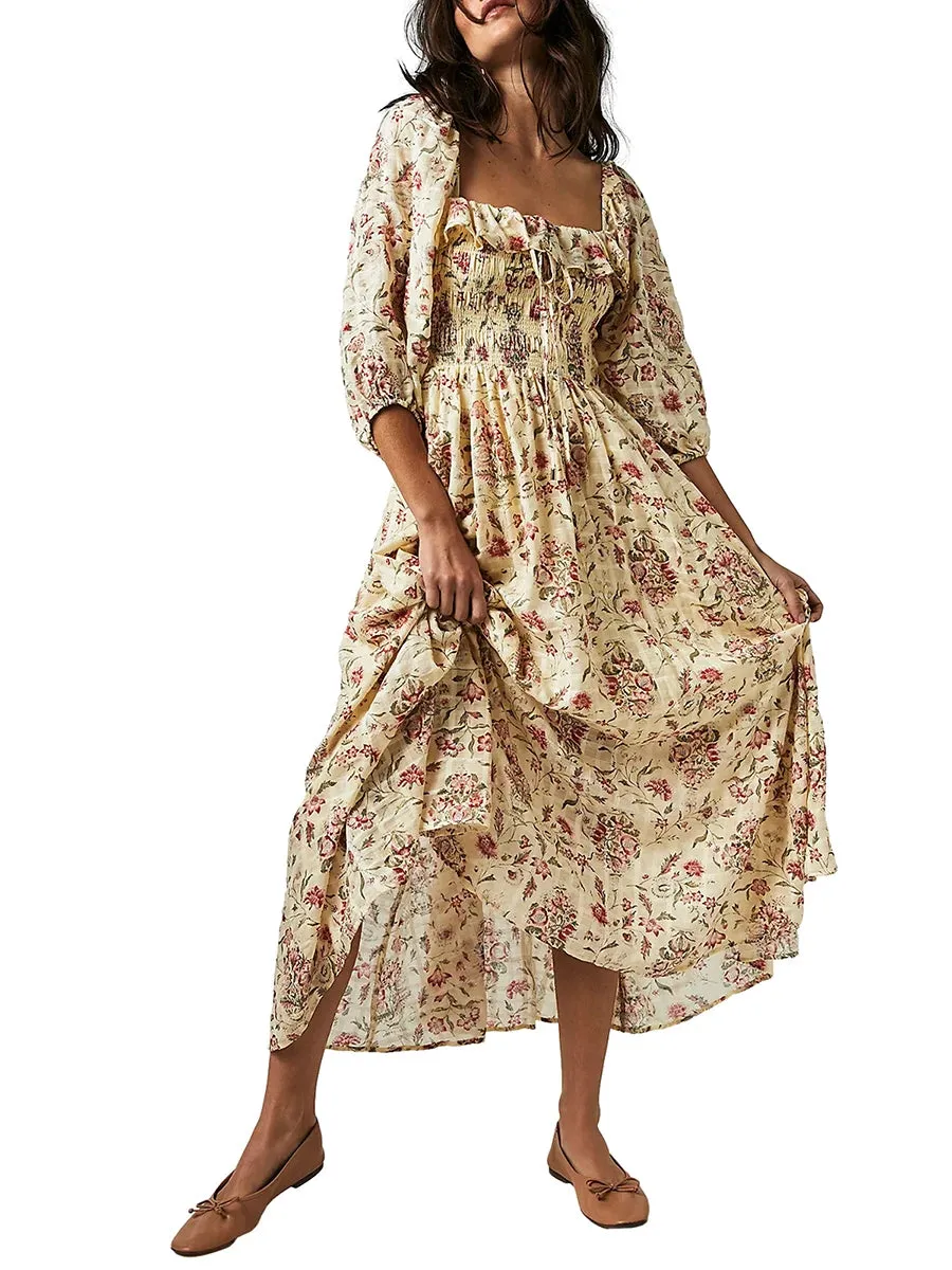 DressBetty - 2024 Square Neck A-Line Swing Fall Flowy Flower Tiered Boho Long Dress