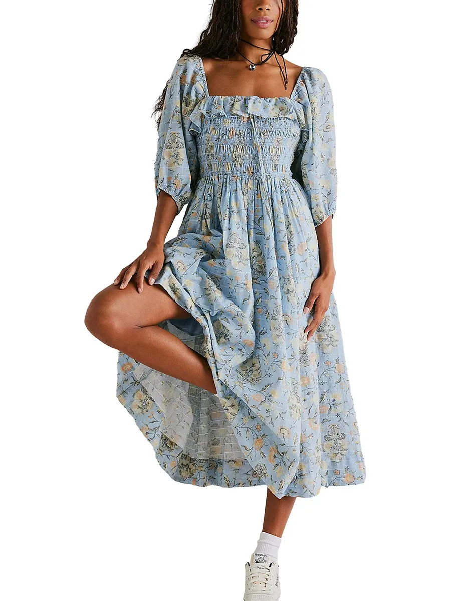 DressBetty - 2024 Square Neck A-Line Swing Fall Flowy Flower Tiered Boho Long Dress