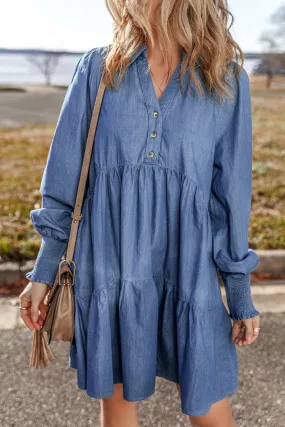 Dusk Blue Smocked Cuff Buttoned Tiered Denim Mini Dress