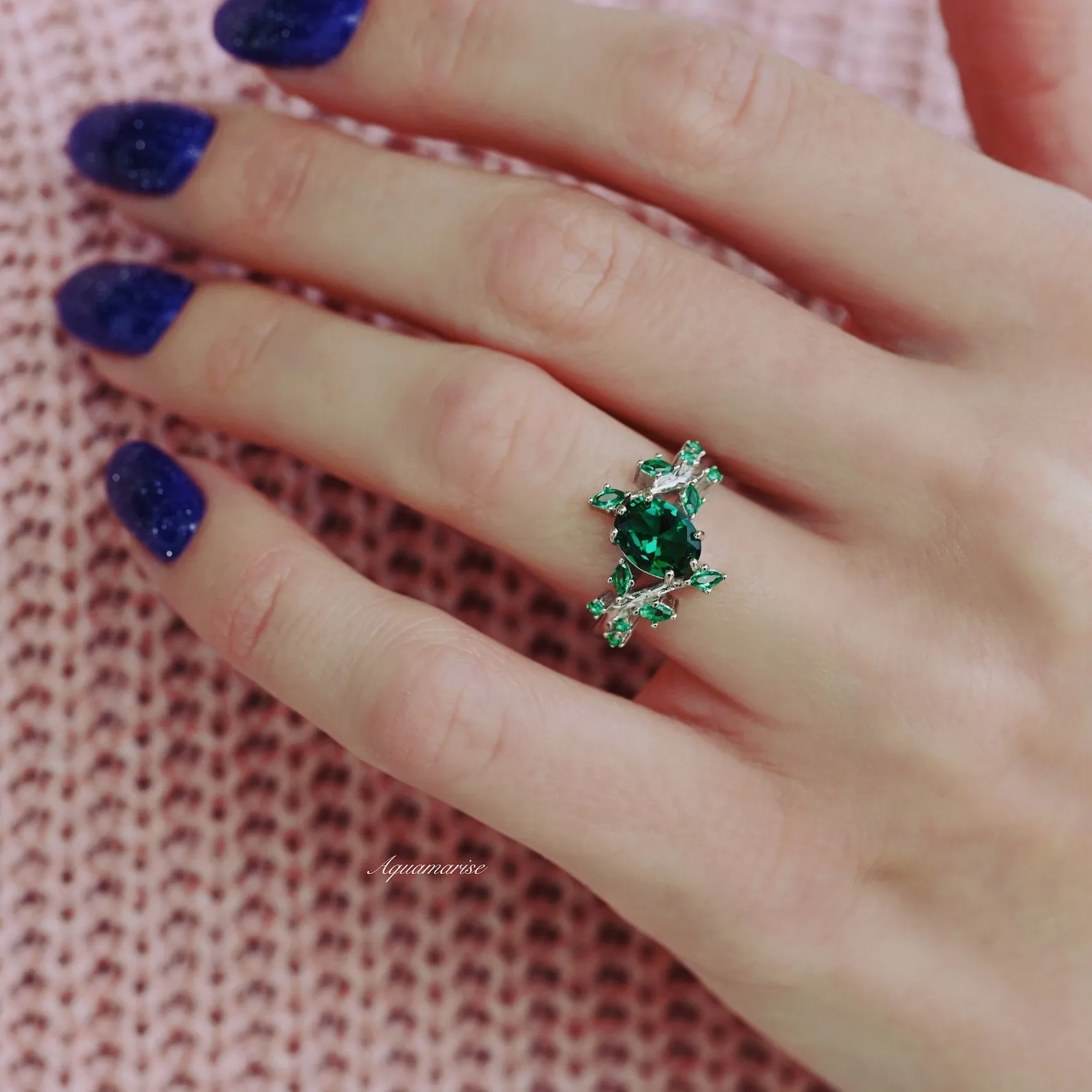 Emerald Leaf Engagement Ring- 925 Sterling Silver