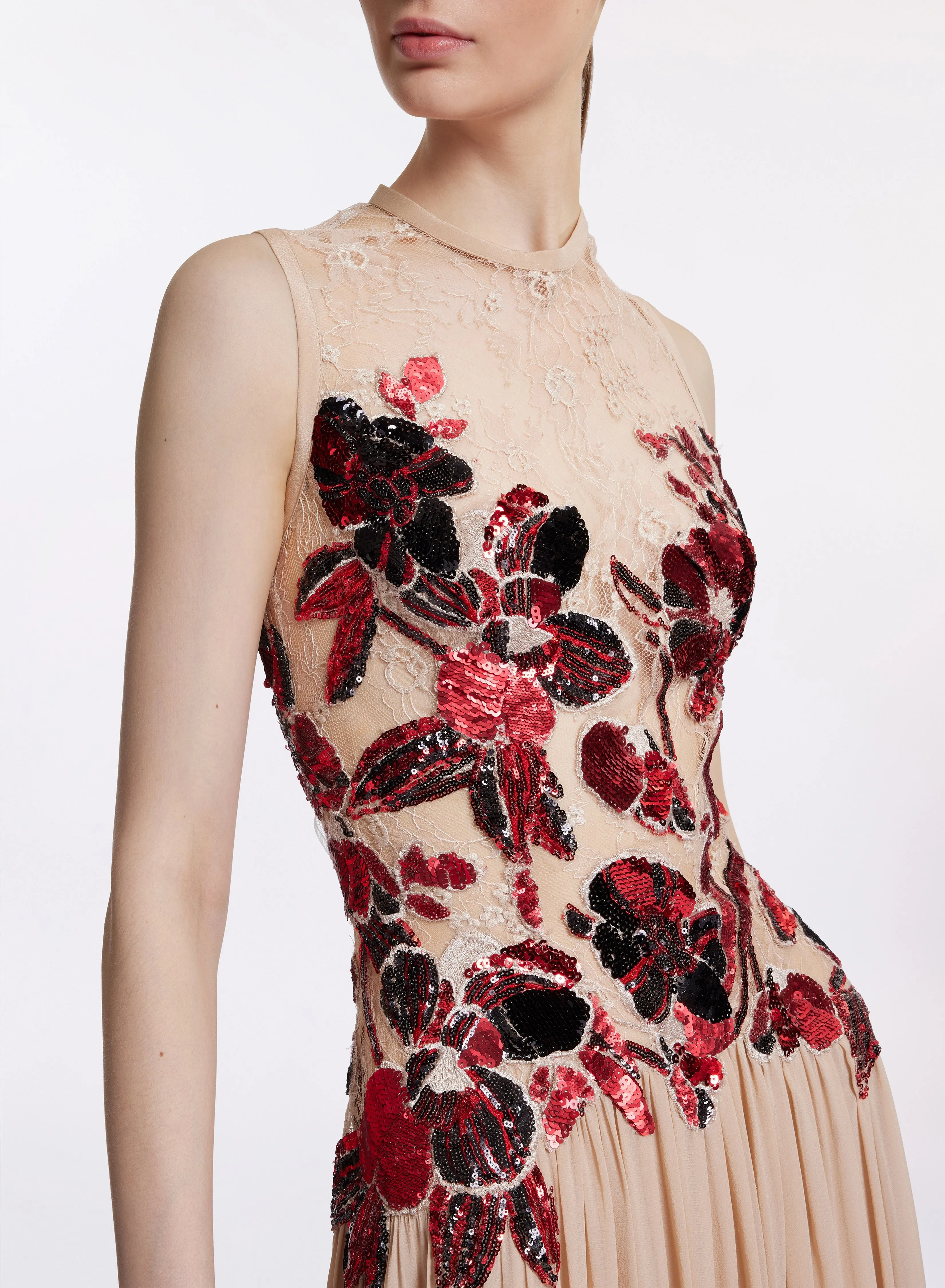 Flower Embellished Silk Dress