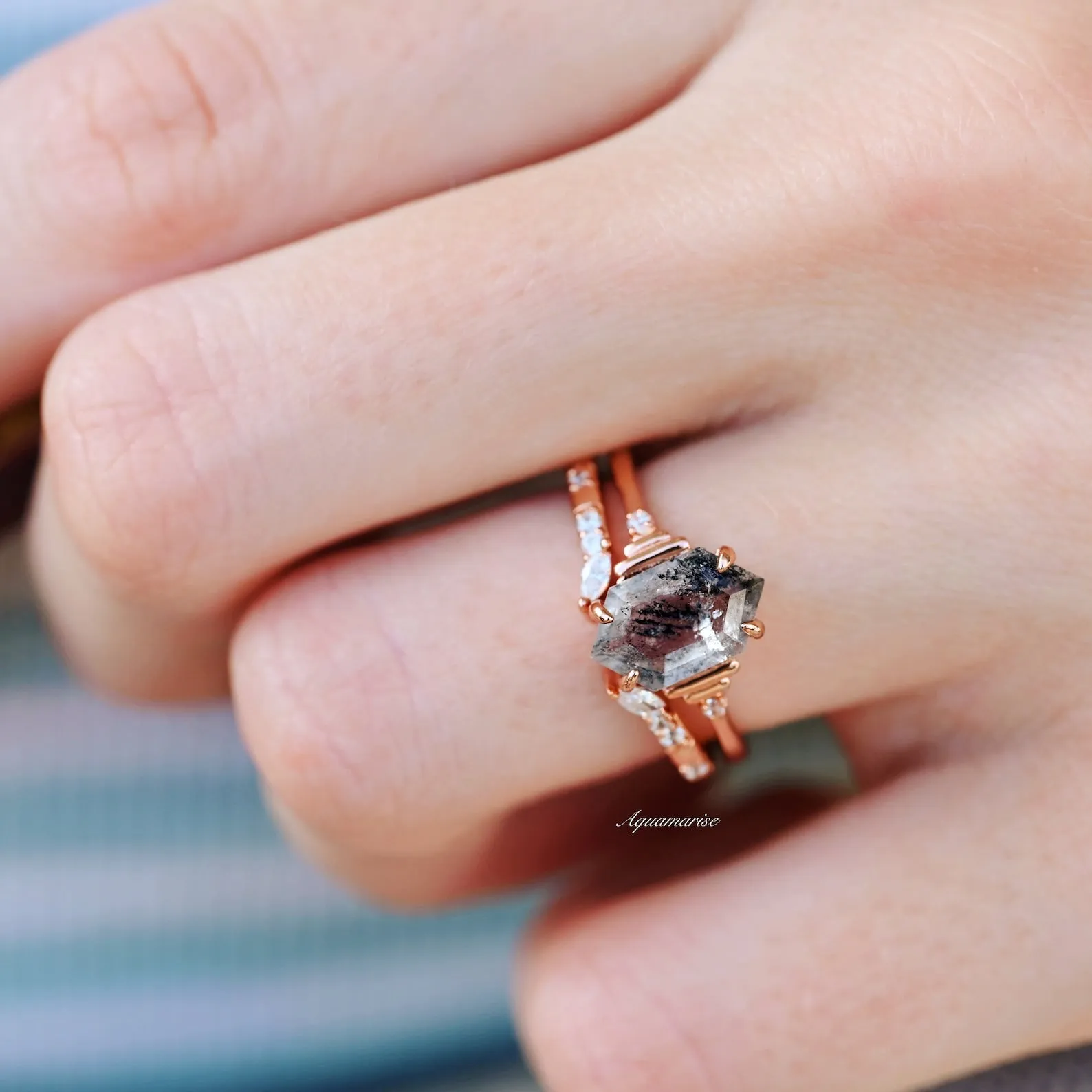 Galaxy Raw Salt & Pepper Diamond (Herkimer Diamond) Ring Set- 14K Rose Gold Vermeil