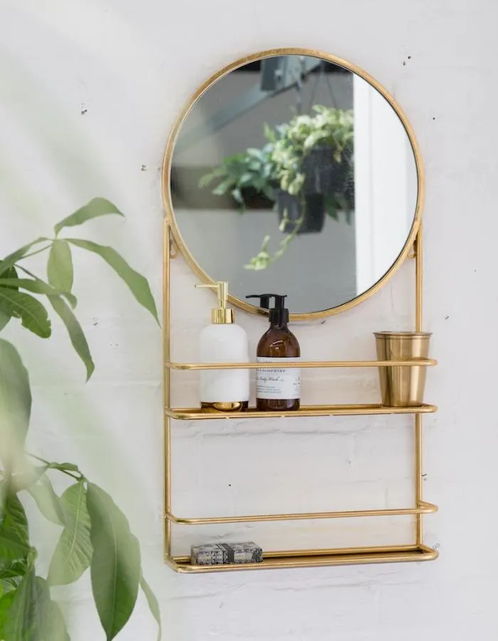 Gold or Silver Circular Wall Mirror with Shelves