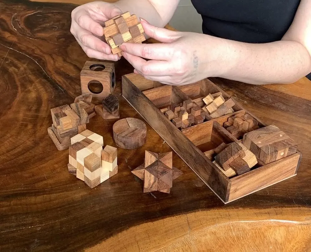 Handmade Wooden Puzzle Box Set - Educational 12 Games Brain Teasers