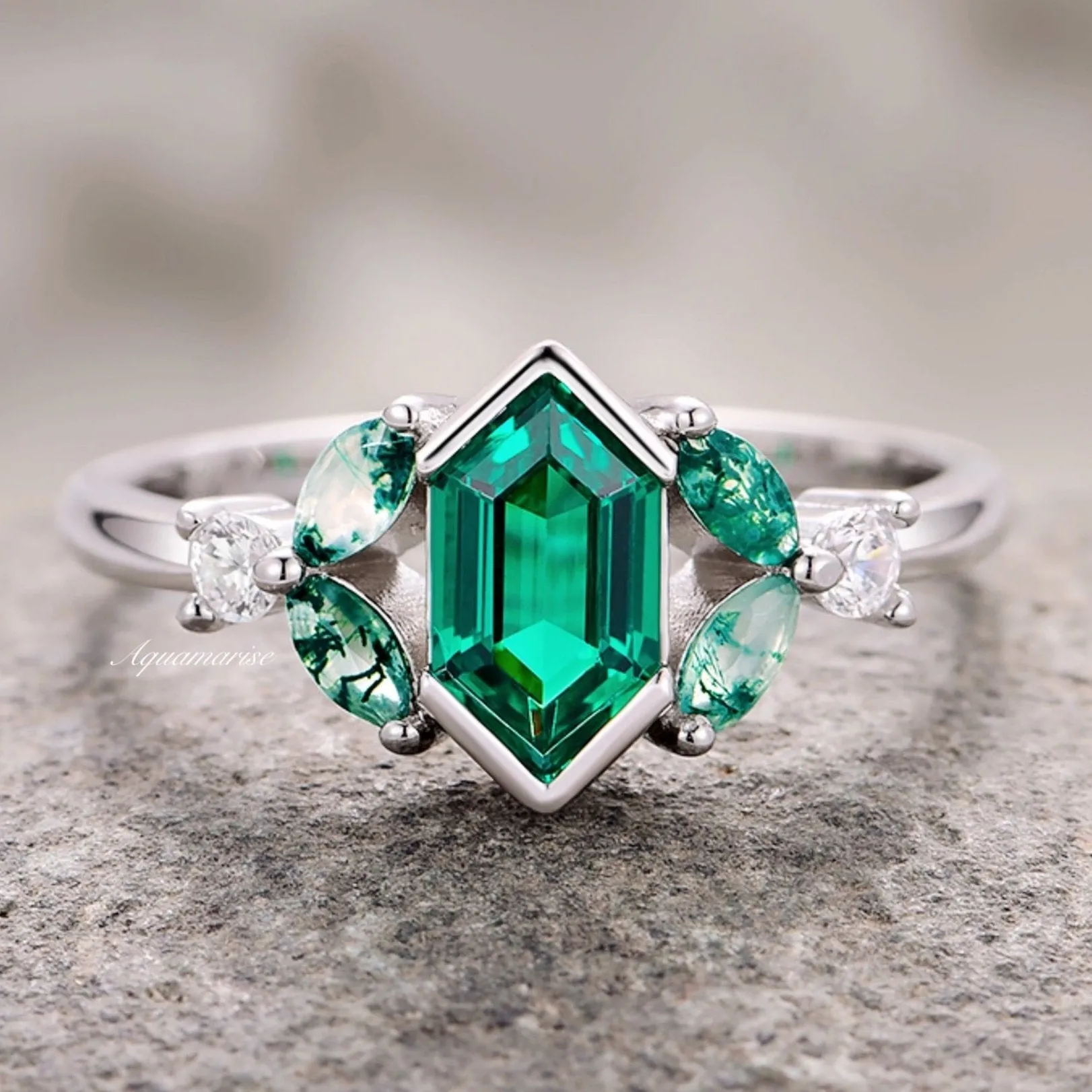 Hexagon Emerald & Moss Agate Leaf Ring- Sterling Silver