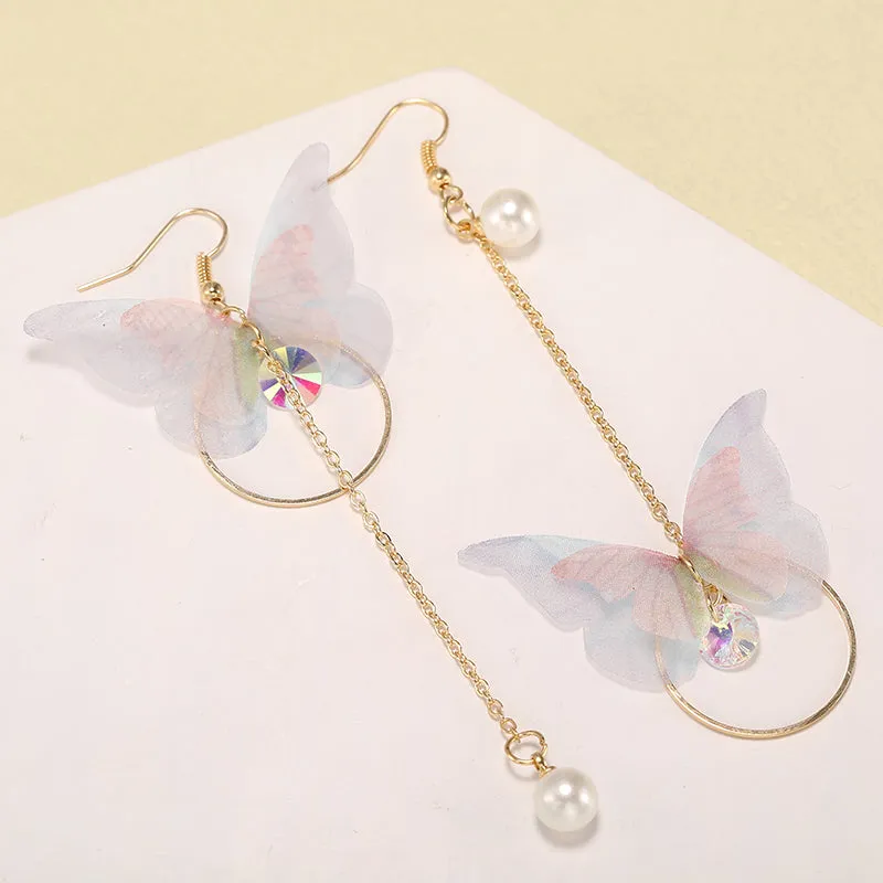 Hot Trendy Fairy Yarn Asymmetric Butterfly Long Earrings For Girl Ear Adornment Alloy Circle Rhinestone Pendient Jewerly