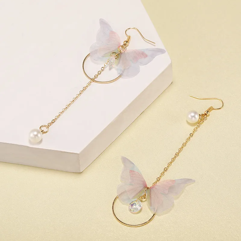 Hot Trendy Fairy Yarn Asymmetric Butterfly Long Earrings For Girl Ear Adornment Alloy Circle Rhinestone Pendient Jewerly