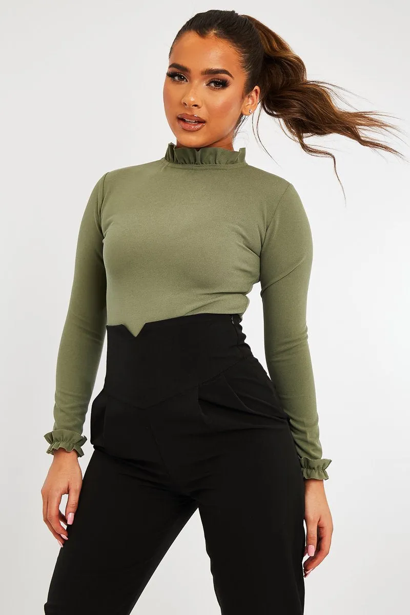 Khaki Ruffle Neck Bodysuit - Trudy