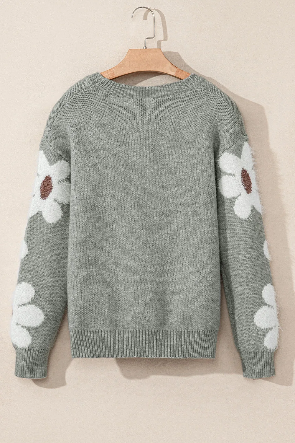 Light Grey Flower Sleeve Drop Shoulder Sweater