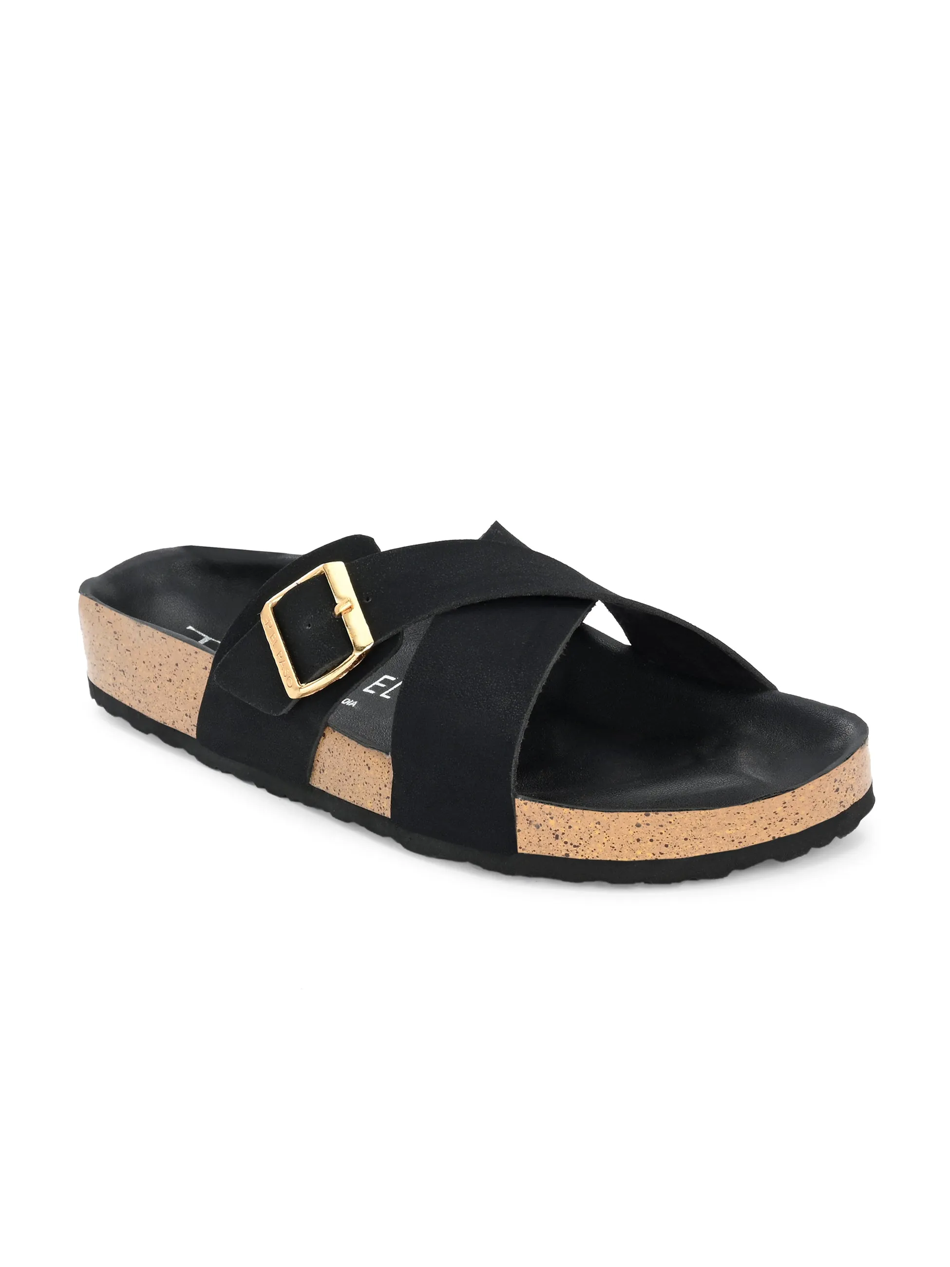 Luxurious Jet Black Leather Slide Sandal For Women