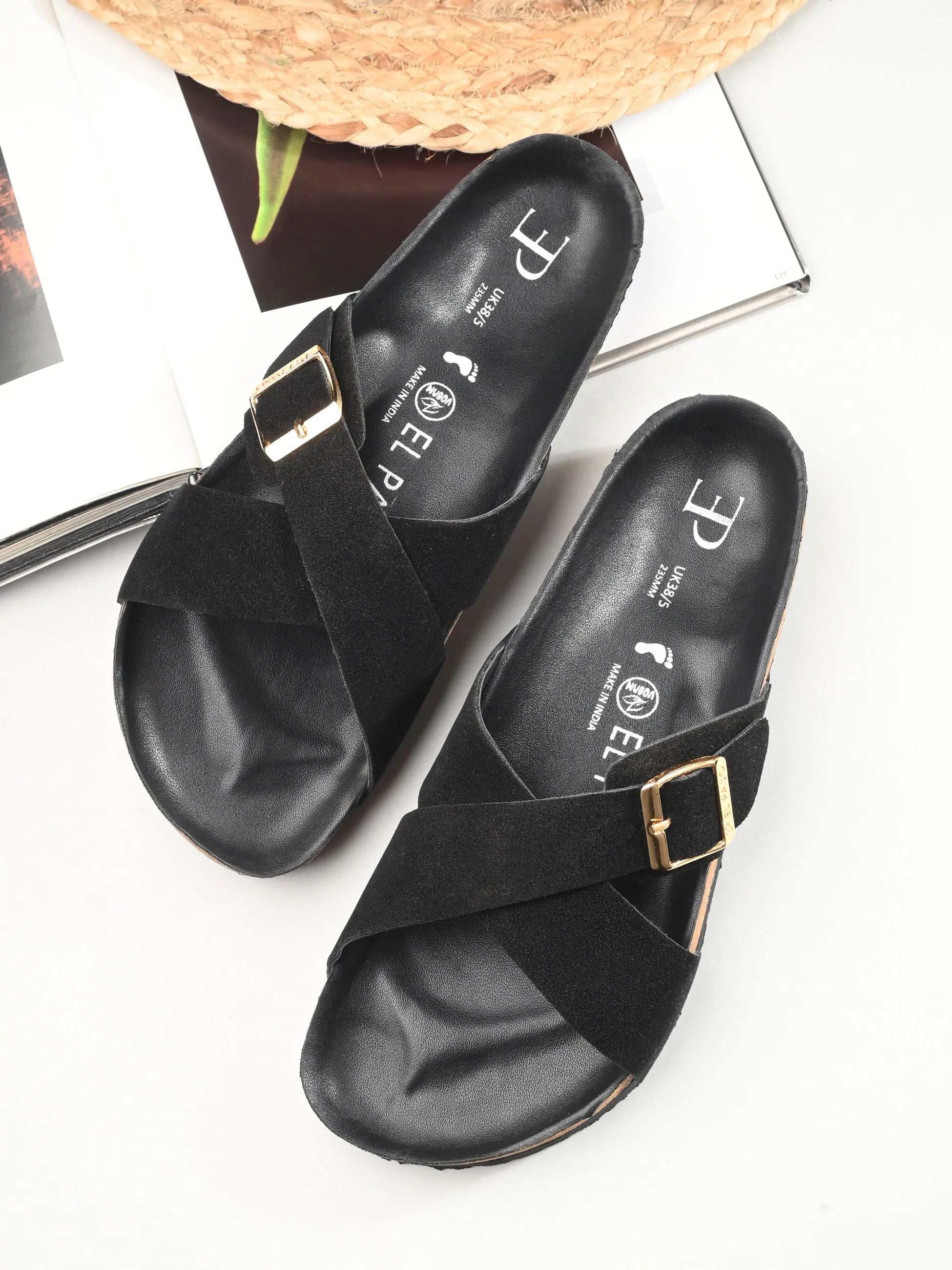 Luxurious Jet Black Leather Slide Sandal For Women