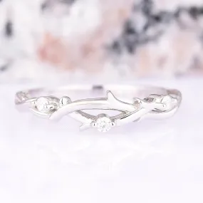 Moissanite Leaf Wedding Band- Sterling Silver