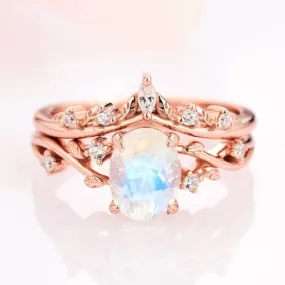 Natural Moonstone Fairy Engagement Ring Set- 14K Rose Gold Vermeil