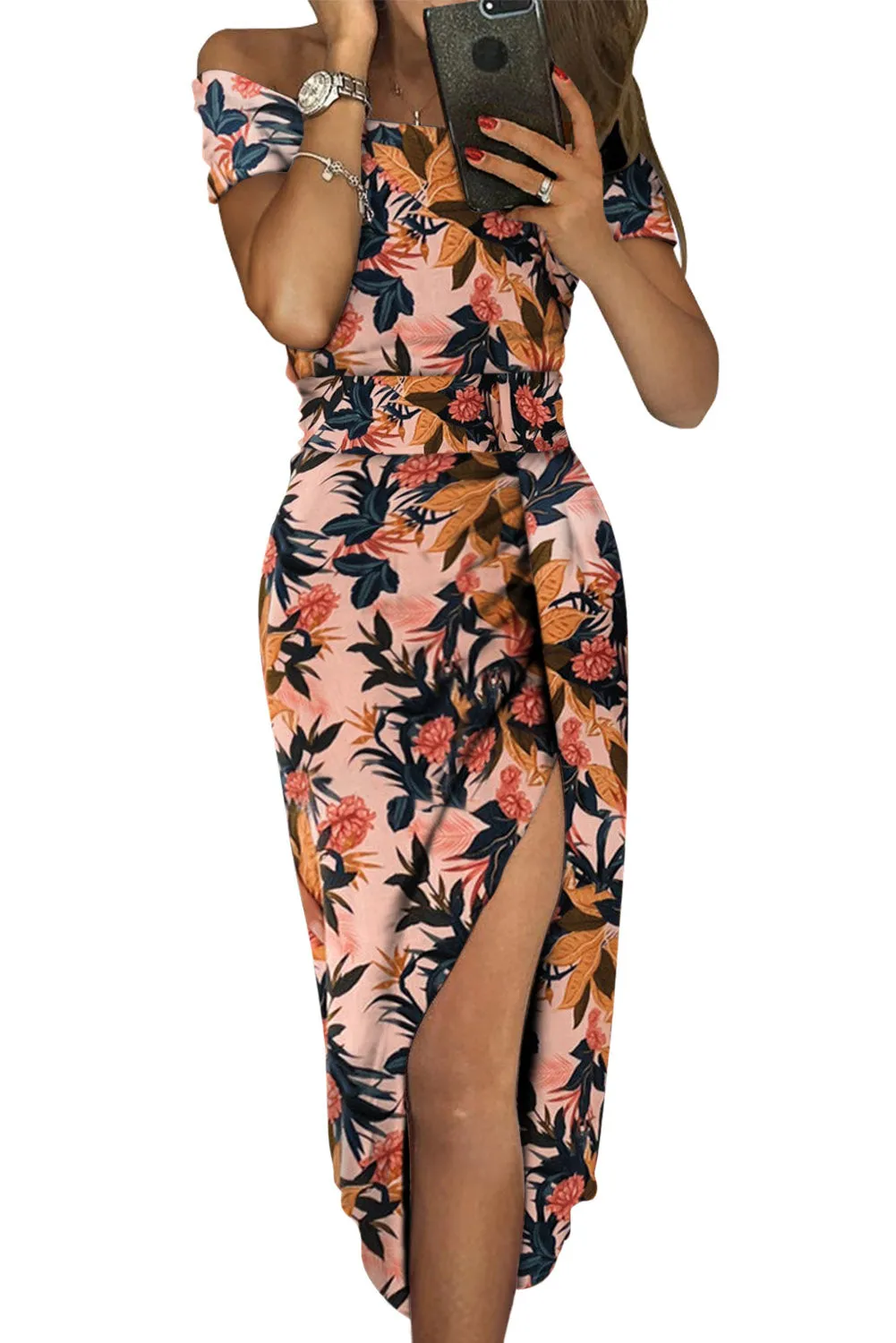 Pink Pattern Print Off Shoulder Slit Bodycon Midi Dress