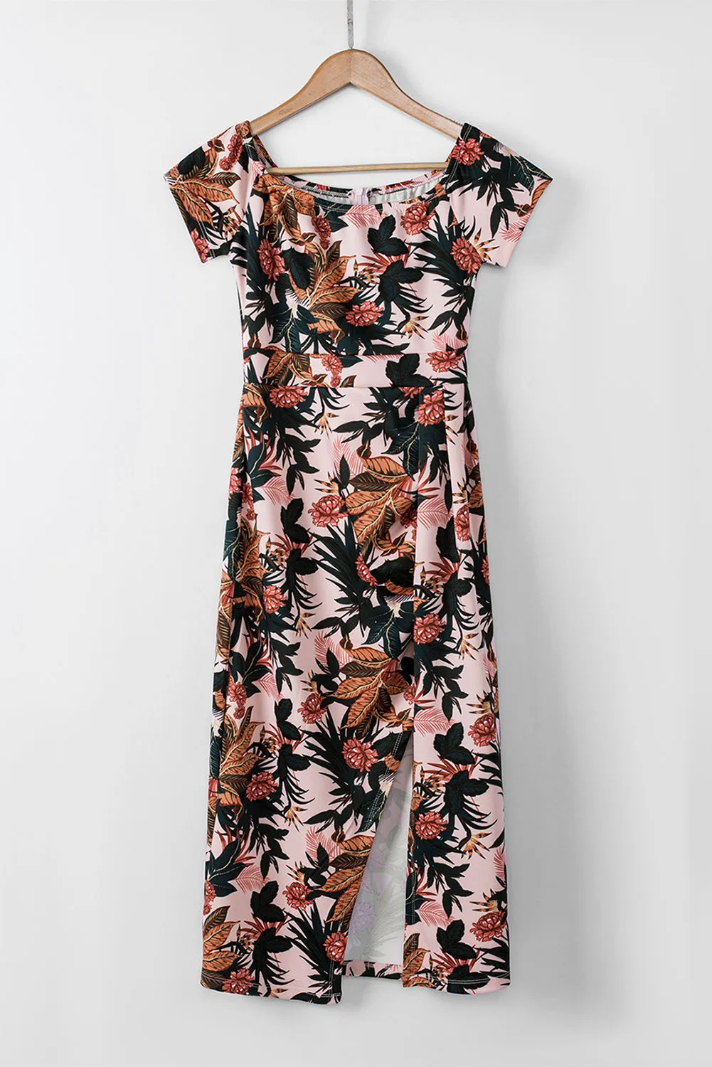 Pink Pattern Print Off Shoulder Slit Bodycon Midi Dress