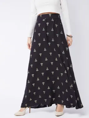 Pitch Black Printed Side Slit Long Skirt