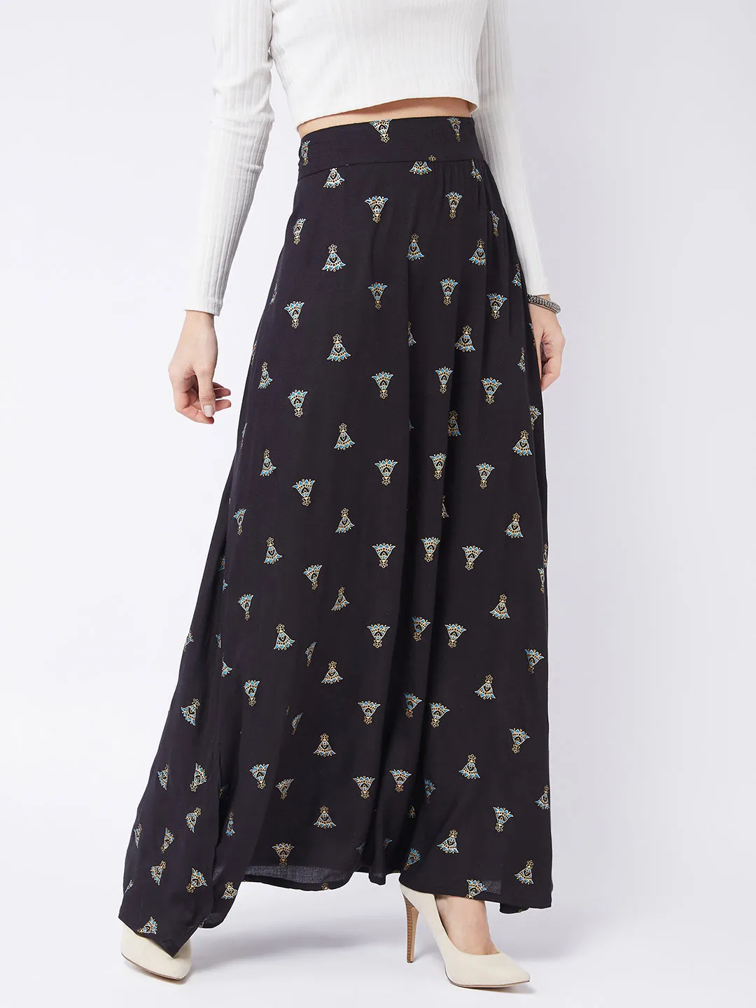 Pitch Black Printed Side Slit Long Skirt