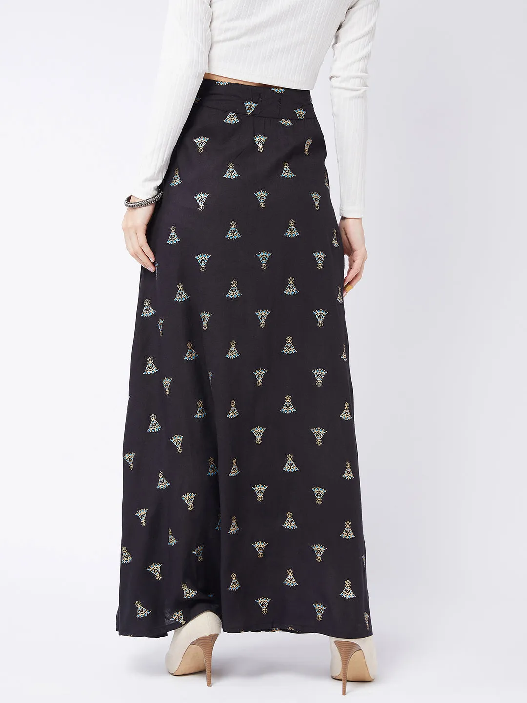 Pitch Black Printed Side Slit Long Skirt