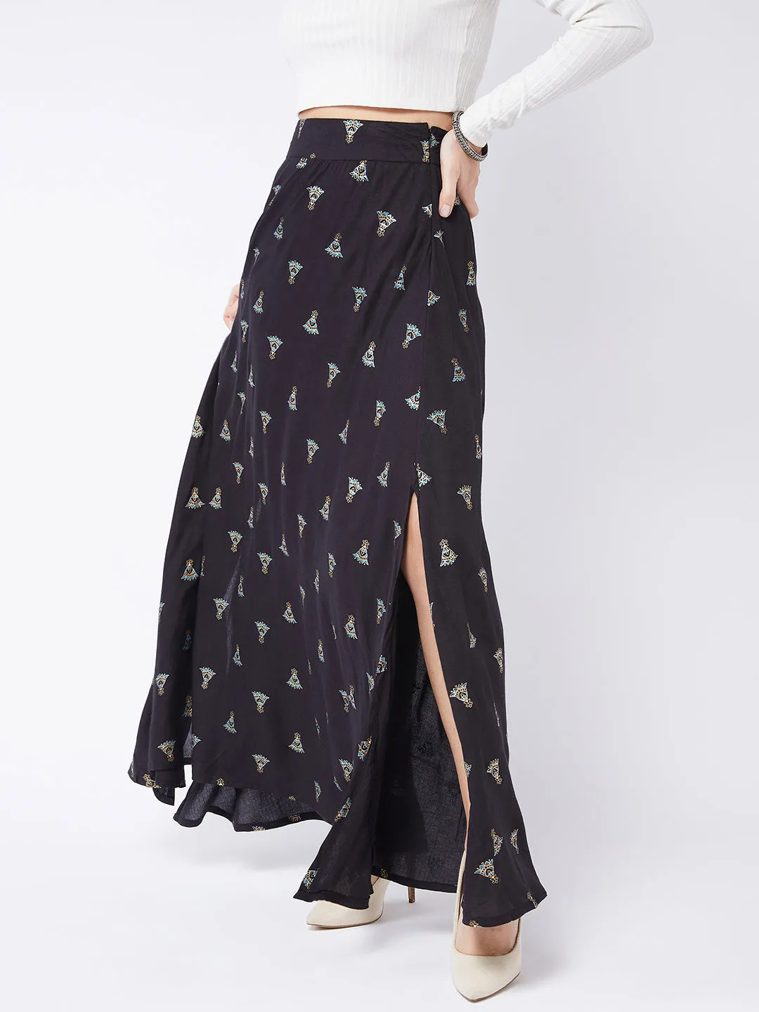 Pitch Black Printed Side Slit Long Skirt