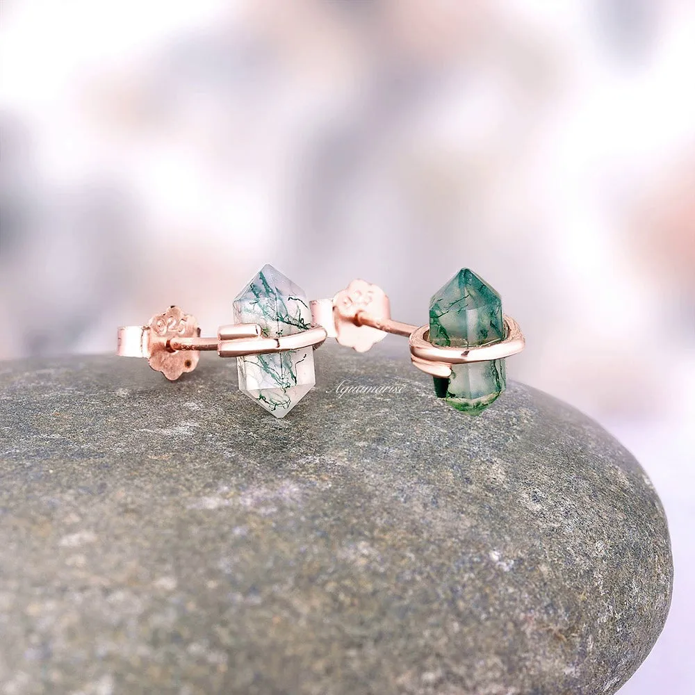 Raw Green Moss Agate Stud Earrings- 14K Rose Gold Vermeil