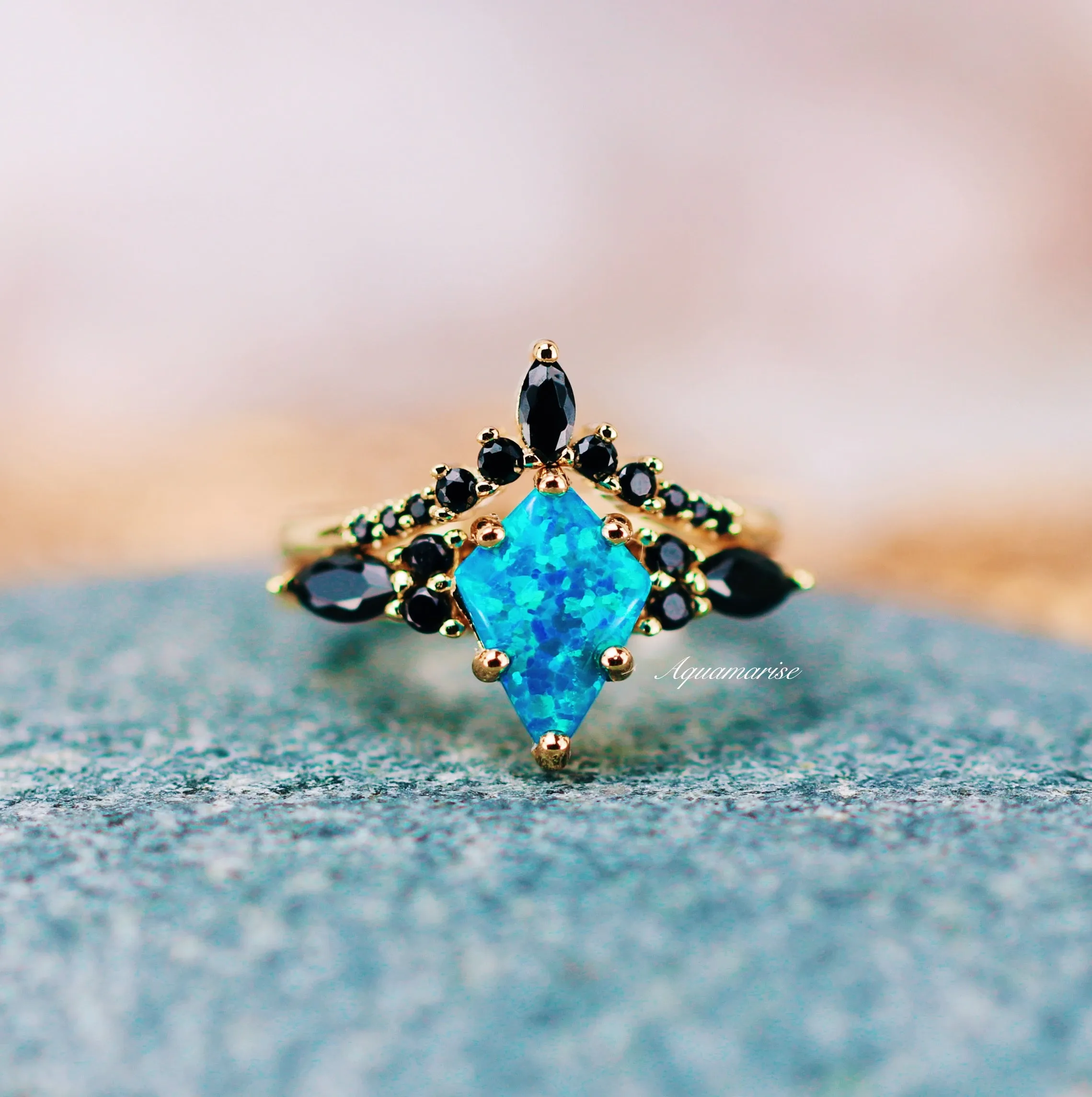 Skye Blue Fire Opal & Black Onyx Ring Set- 14K Yellow Gold Vermeil