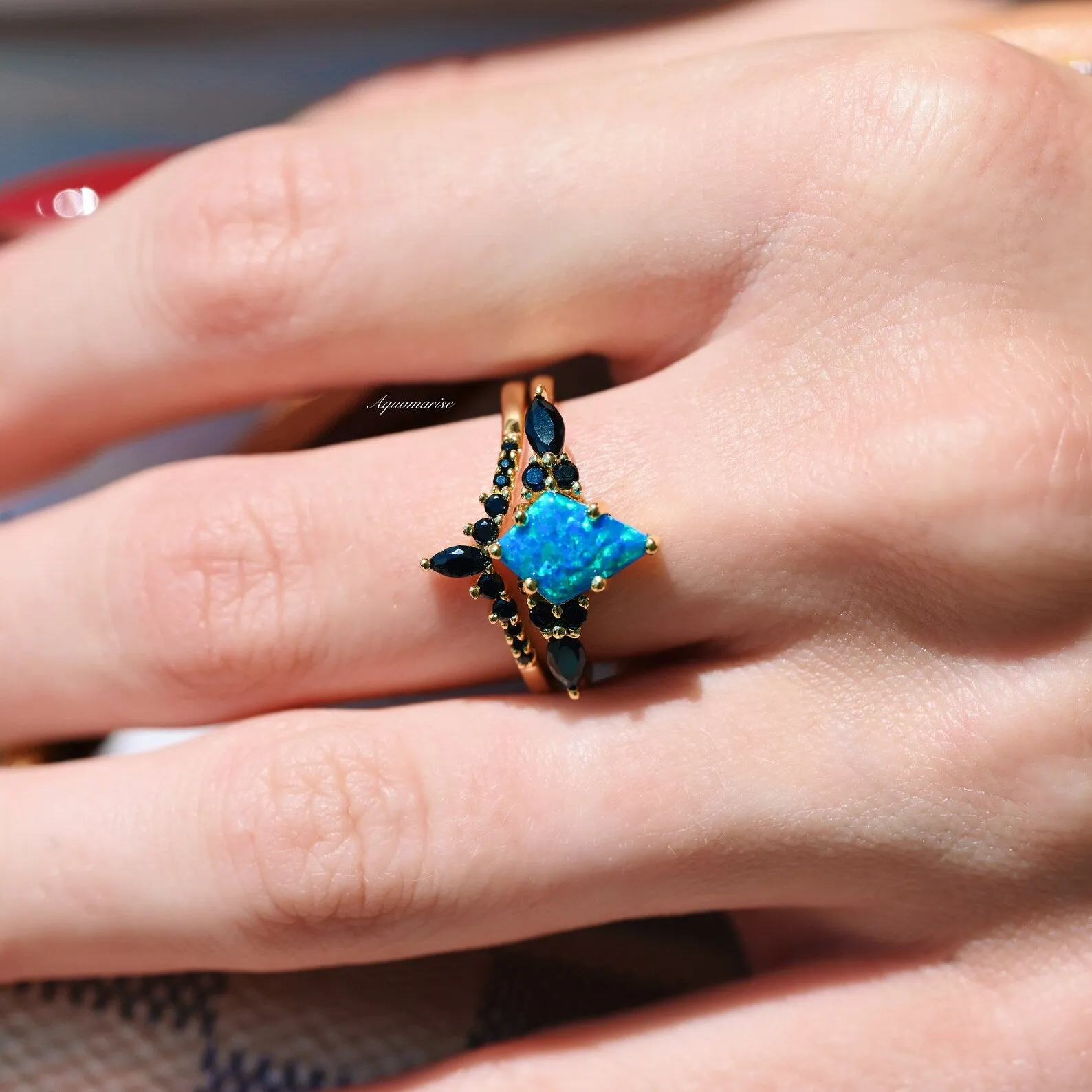 Skye Blue Fire Opal & Black Onyx Ring Set- 14K Yellow Gold Vermeil